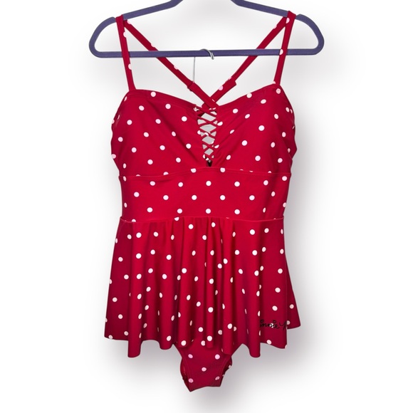 Torrid Disney Minnie Mouse Size 1X Red Polka Dot Retro Peplum One Piece Swimsuit - Picture 3 of 15